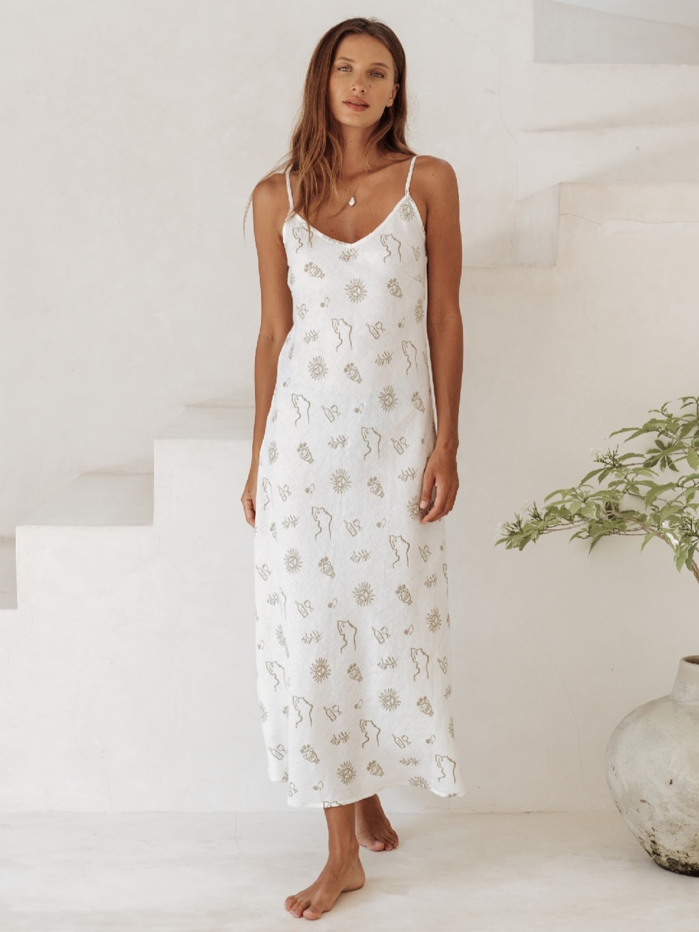 Like New - 100% Linen Off-White Printed Bias-Cut Amalfi Slip Dress
